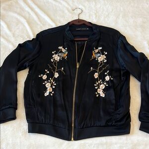 Zara Black Bomber Jacket with Floral Embroidery